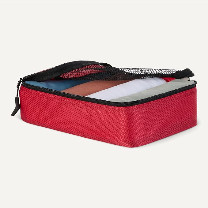 Amazon Essentials 4-Piece Space-Saving Packing Cubes Travel Accessories Set, Luggage Organizer with Double Zipper, Mesh Top, Small, Red (Previously Amazon Basics)
