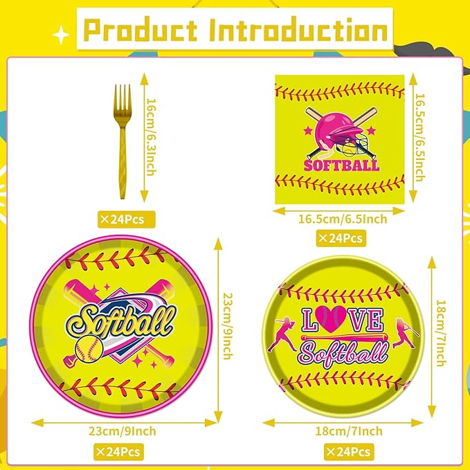 Rakuto Softball Party Decorations Supplies, 96PCS Party Paper Plates Napkins Forks Softball Plates Dinnerware, Sports Birthday Baby Shower Tableware Set (24 Guests)