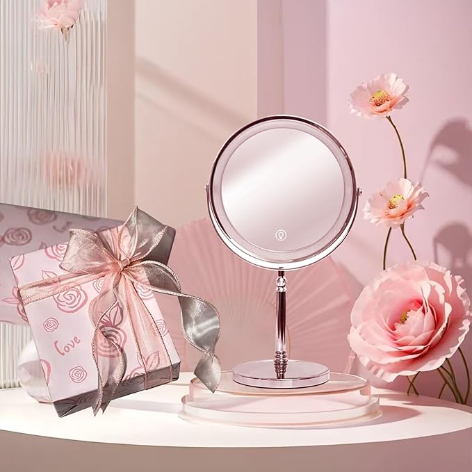 Makeup Mirror with Lights ，8 Inch 1X/10X Rechargeable Double Sided Magnifying , 360° Rotation LED HD Mirror with 3 Colors，Brightness Adjustable, Ideal for Daily Skincare and Professional Makeup