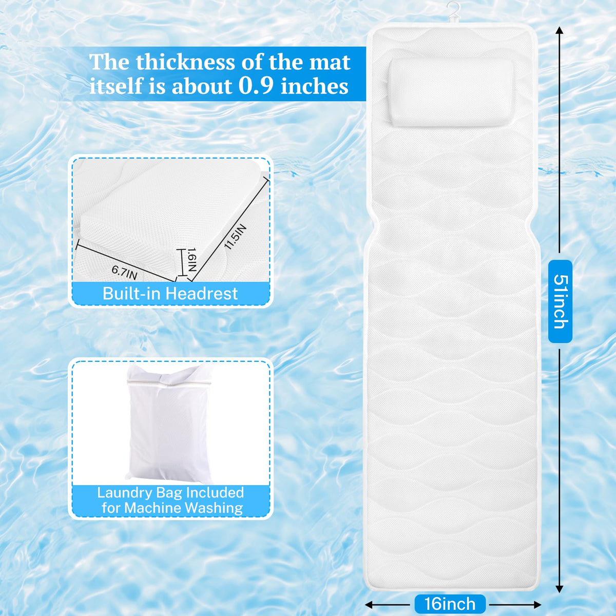 TranquilRelax Bath Pillow for Tub with Laundry Bag & 17 Non-Slip Suction Cups, Extra Thick and Soft Bathtub Pillow for Head, Neck & Shoulder Support, 51" x 16" White