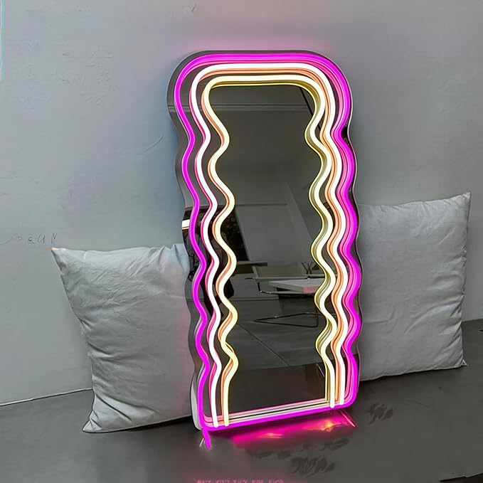 LED Mirror Neon Lights Light Up Dressing Mirror Cat/Shine Heart/Bat/Butterfly Shape Neon Mirror Sign for Modern Home Girl Room Bathroom Salon Wall Art Decor Gift For Girlfriend USB Powered