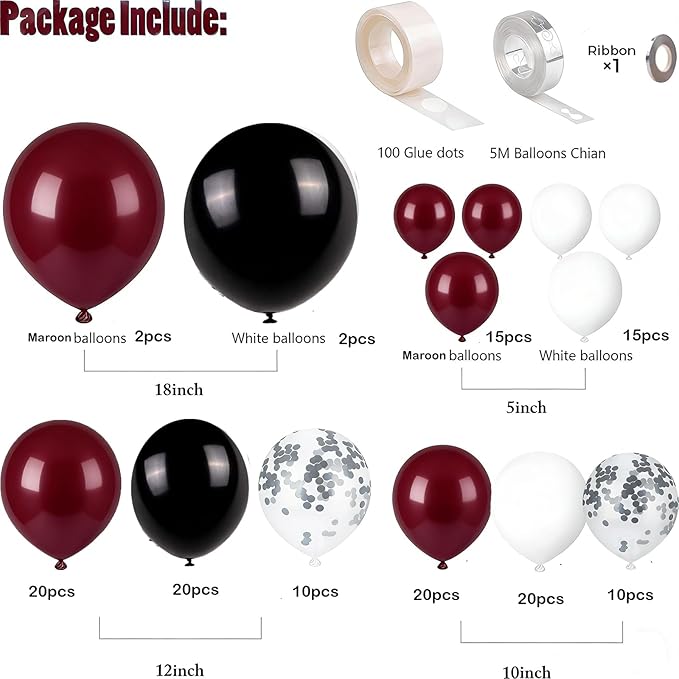 Graduation Party Decorations Maroon White 2026/Graduation Decorations Burgundy Black White Balloon Arch Kit/Burgundy Black Silver Confetti Balloons 134pcs/Maroon Birthday Wedding Party Decor