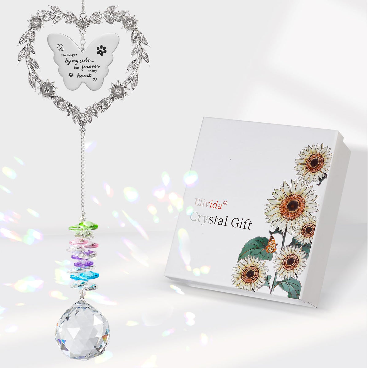 Elivida Dog Memorial Gifts for Loss of Dog, Pet Sympathy Suncatcher with Personalized Words, Cat Death Remembrance Gift for Pet Lovers, Heart Shaped Cat Bereavement Ornament with Sympathy Card