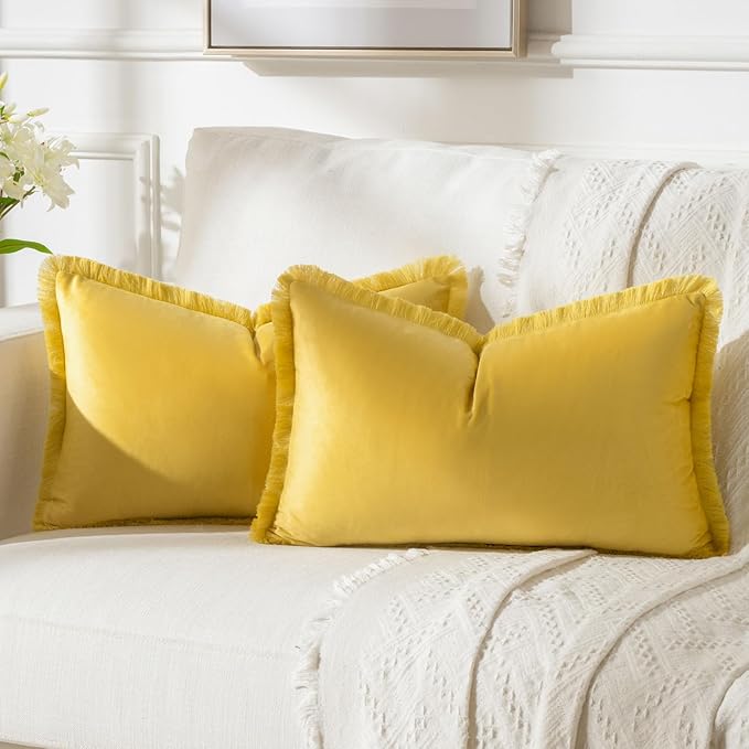 FUTEI Lemon Yellow Velvet Decorative Throw Pillow Covers 12x20 Set of 2,Soft Cozy Edge with Tassels Lumbar Pillow Cases,Boho Modern Home Decor for Couch Bed Living Room