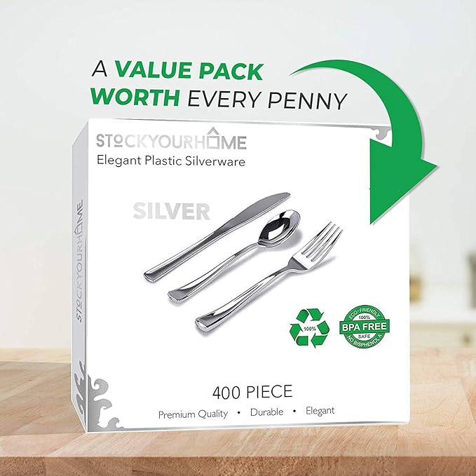 Silver Plastic Silverware Set (400-Pack) – Disposable Heavy Duty Cutlery, 134 Forks, 134 Knives, 134 Spoons for Parties, Weddings, Dinners & Holidays