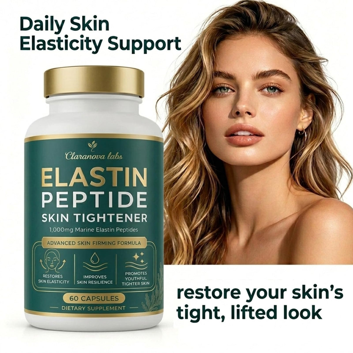 Claranova Labs Elastin Peptides Skin Tightening Formula - Marine Protein Complex, Daily Nutritional Support for Skin 60 Count (1pcs, 1)