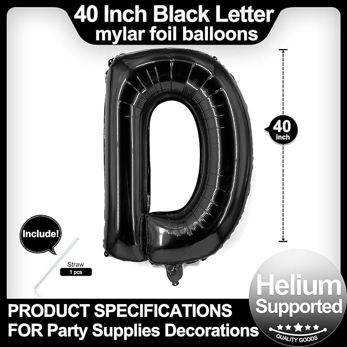 40 Inch Black Letter D Balloons, DIY Phrase Foil Alphabet Letter D Balloons DIY Word D Banner for Birthday Anniversary Celebration Graduation Party Supplies Decoration