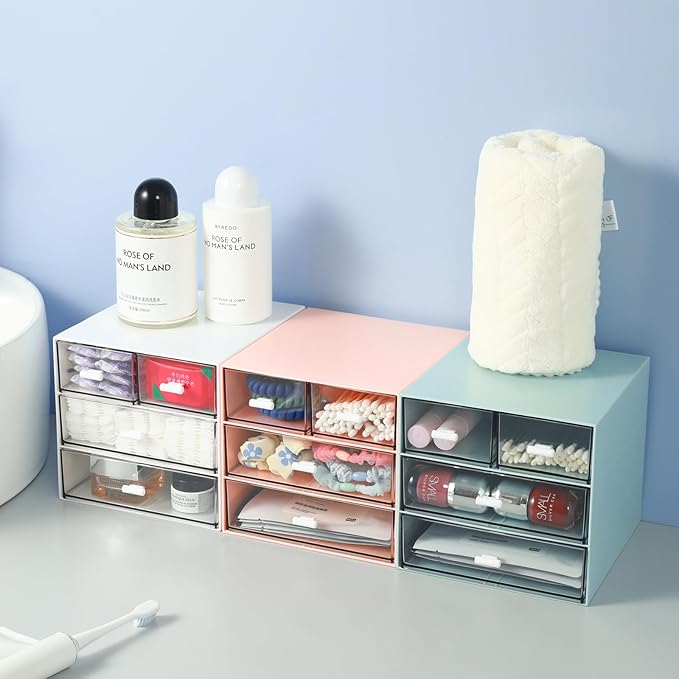 Makeup Organizer with 4 Drawers, Desk Organizer, Cosmetics Storage Box for nail polish, Lipstick, Brushes, Jewelry, Skincare, Bathroom Organization Boxes - Blue