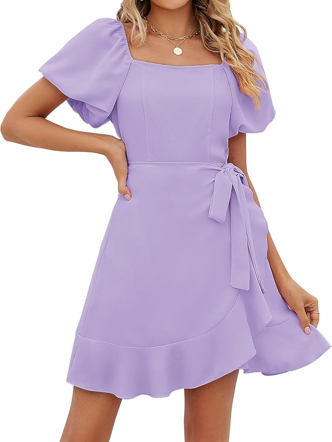 Sampeel Womens Summer Dresses Square Neck Puff Sleeve Tie Waist Short Dress