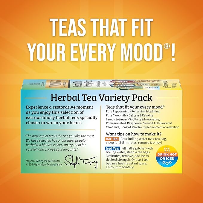 Twinings Herbal Tea Variety Pack, 20 Count (Pack of 1), Formerly Assorted Herbal, Includes 5 Flavours, Naturally Caffeine-Free, Enjoy Hot or Iced, 20 Teabags