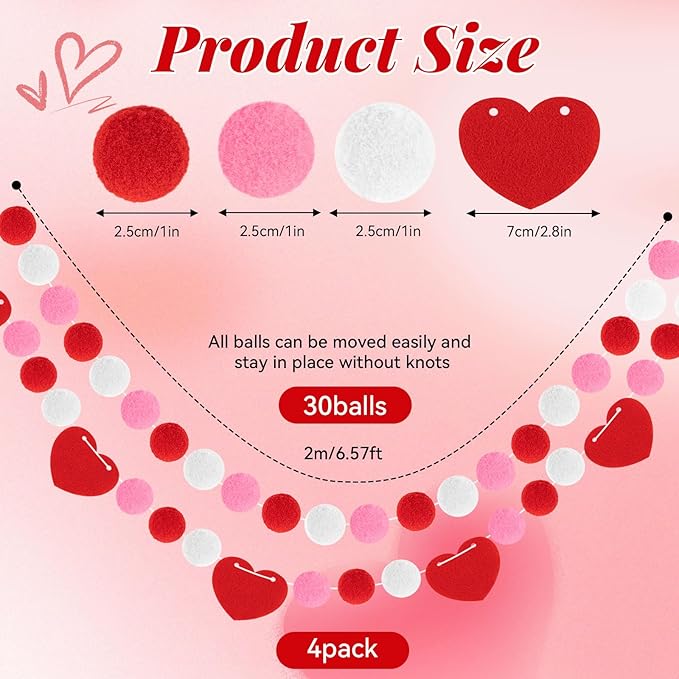 4 Pcs 26.3 Feet Valentine's Day Felt Ball Garland with Red Heart, Red Pink White Pom Pom Garlands Romantic Hanging Decorations for Valentine’s Day Wedding Anniversary Home Wall Decor