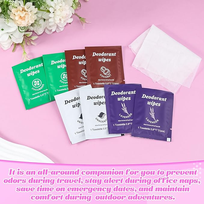 Travel Deodorant Wipes Individually Wrapped,Body Wipes to Clean Skin for Women Men（Lavender,Unscented, Coconut Cucumber,pack of 40)
