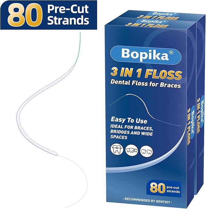 Bopika Dental Floss for Braces, 3 in 1 Ultimate Floss, Floss Threaders for Bridges and Implants, 80 Pre-Cut Strands (Pack of 3)