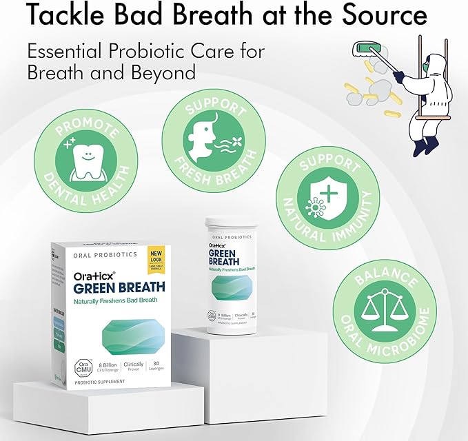 OraTicx Oral Probiotics Green Breath, Freshen Bad Breath, Dental Probiotic Supplement for Oral Health, 8 Billion CFU, Mint Flavor 30 Lozenges 4-Pack