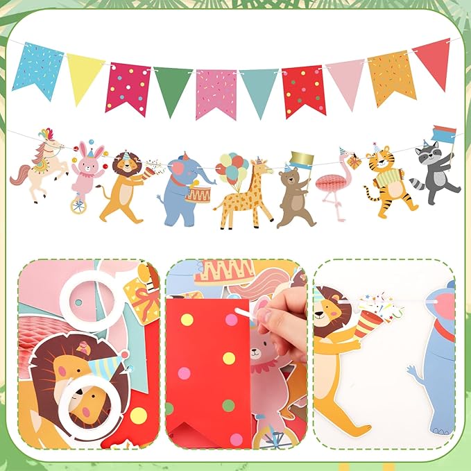 Hooqict Animal Party Banner with Colorful Pennant Banner Flag Animal Parade Birthday Decorations Happy Birthday Garland for Kids Girls Boys Zoo Carnival Circus Party Decorations Supplies
