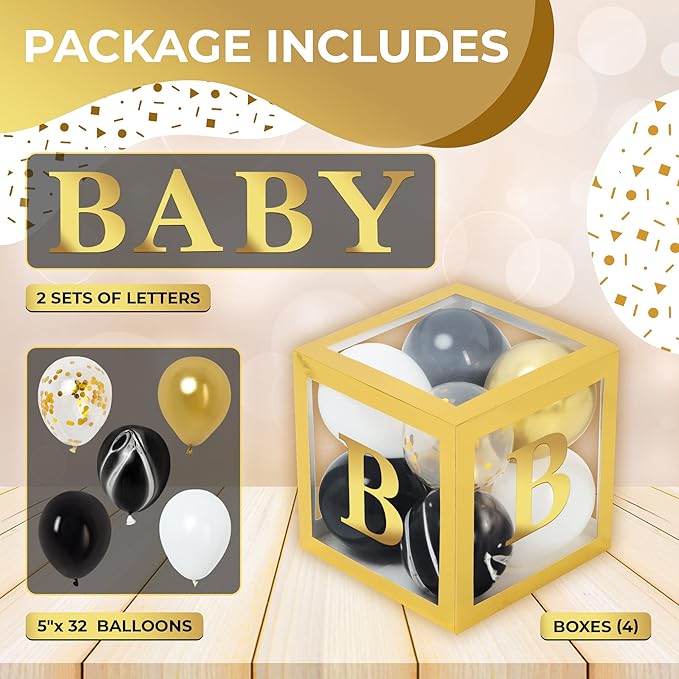 Baby Shower Boxes with Letters – Gold Boxes with Gold & Black Balloons – 44-Piece Gender Reveal & Party Decoration Set by Vellax