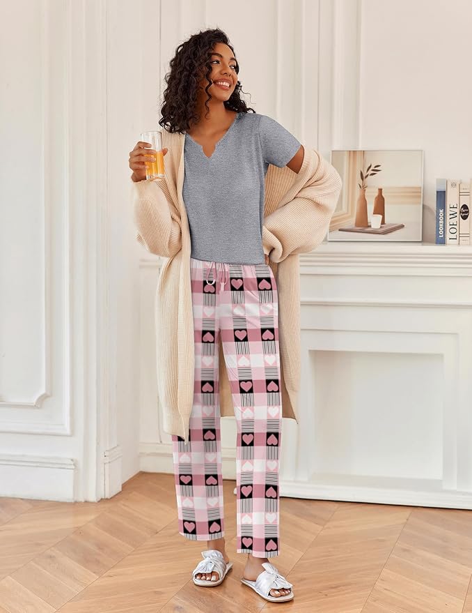 Ekouaer 2 Piece Womens Pajamas V Neck Short Sleeve Top and Long Pants Pjs Print Lounge Set Sleepwear