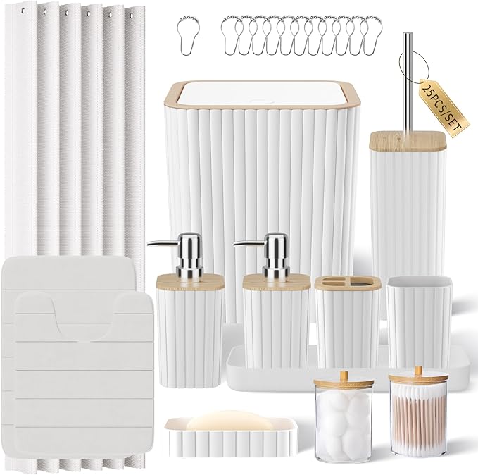 Bathroom Set - 25PC White Bathroom Set with Shower Curtain and Rugs, Bathroom Accessories Set, White Shower Curtain Set with Bathroom Trash Can
