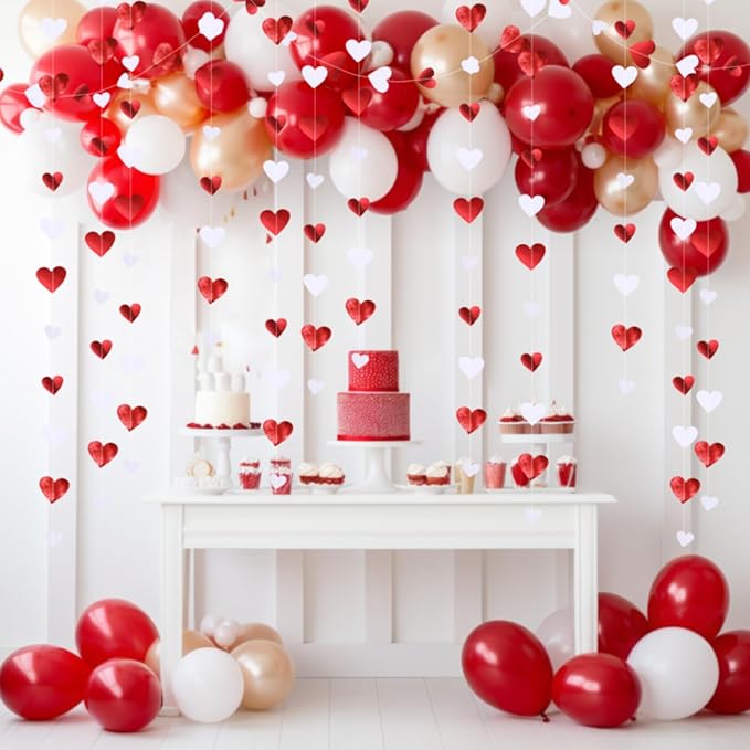 10 Pack 130ft Burgundy-red White Heart Party Garland Asymmetrical Love Hanging Banners for Birthday Wedding Decorations Mothers Day Bachelorette Bridal Shower Engagement