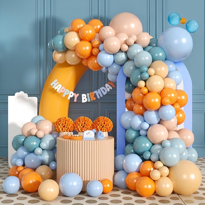 FunHot Orange Blue Balloon Arch Garland Kit, Retro Sea Fog Blue Ivory White Macaron Orange Latex Balloons with Ribbons for Baby Shower Graduation Engagement Kids Birthday Party Decorations