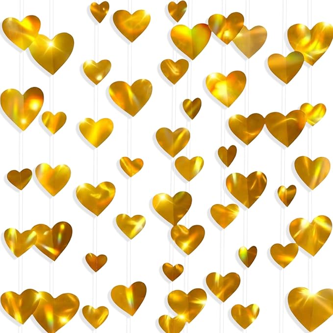 10 Pack 130ft Champagne-Gold Holographic Heart Party Garland Asymmetrical Love Hanging Banners for Birthday Wedding Engagement Bachelorette Neutral Baby Bridal Shower Decorations