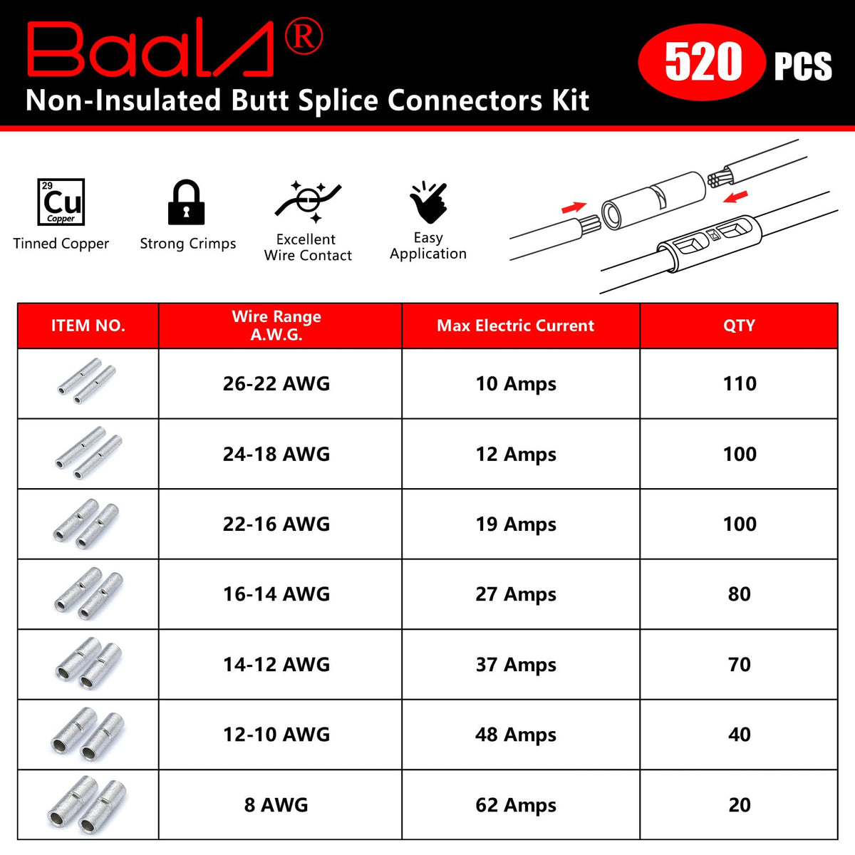 BAALA 520 PCS Non Insulated Butt Connectors Kit,26-8 Gauge Butt Splice Connector Uninsulated Wire Splice Connectors, Tinned Copper Marine Grade Seamless Barrel Crimping Butt Terminals