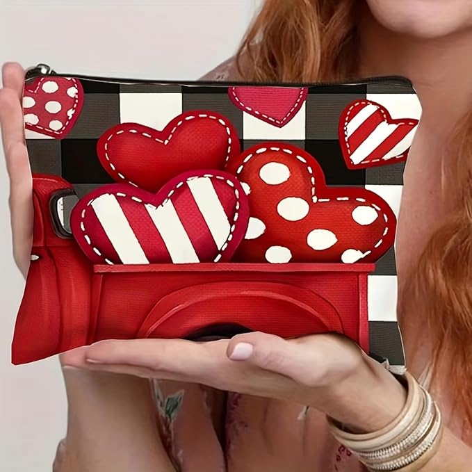 Valentine's Day Small Makeup Bag for Women Girls with Red Hearts designs Cosmetic Bag Full Cover Pretty Student Accessories Toiletry Bags Travel Pouch with Zipper for Women Friends Valentines Gift
