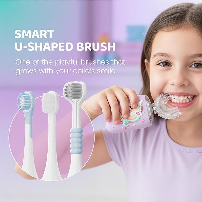Well Before Kids U Shaped Electric Toothbrush with 5 Brush Heads, Ultrasonic, 5 Modes, IPX7 Waterproof Design (Unicorn, Pink Ages 2-7)