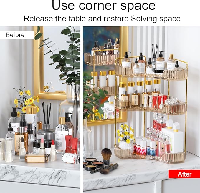 GTI 3-Tier Corner Bathroom Counter Organizer, Large Capacity Makeup Organizer Countertop, Perfume Cosmetics Skincare Vanity Organizers, Exquisite Countertop Storage for Women (Amber)