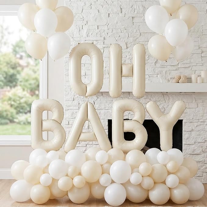 Biapian 40 Inch OH BABY Letter Balloons, Big Beige Foil Balloons, 6 Pcs Giant Alphabet Large Balloon Neutral Balloon Banner Sign for Baby Shower Birthday Gender Reveal Party Decoration