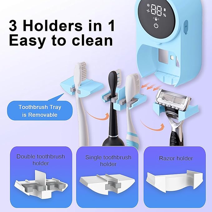 Toothbrush Holder and Cleaner Razor Holder/Dryer Light Cleaning and Air Drying Automatic Ratating Cover Rechargeable Wall Mounted for Bathroom Portable for Trip