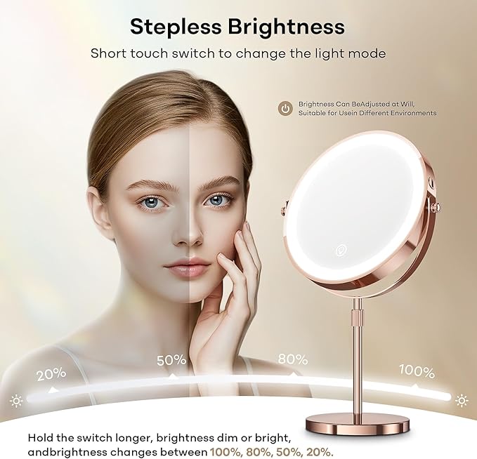 Makeup Mirror with Lights, 5000 mAh Rechargeable Double Sided Magnifying Vanity Mirror with 3 Colors, 1x/20x, 360° Rotation , Brightness Adjustable Magnification Lighted Makeup Mirror, Women Gift