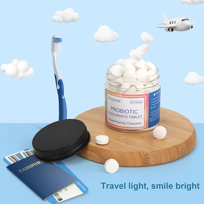 GlorySmile Toothpaste Tablets, Nano Hydroxyapatite with Probiotics, Fluoride & Plastic Free, Eco & Travel Friendly Size, Remineralizing Chewable Toothpaste Tabs - 62ct, Mint