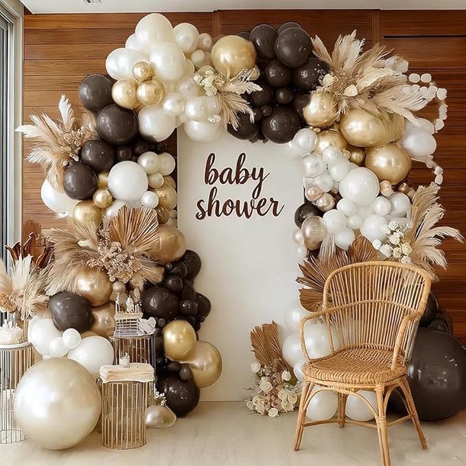 Brown White Balloon Garland Double Stuffed Dark Brown Beige Sand White Pearl Gold Balloon Arch Kit for Neutral Baby Shower Birthday Wedding Woodland Teddy Bear Party Decorations