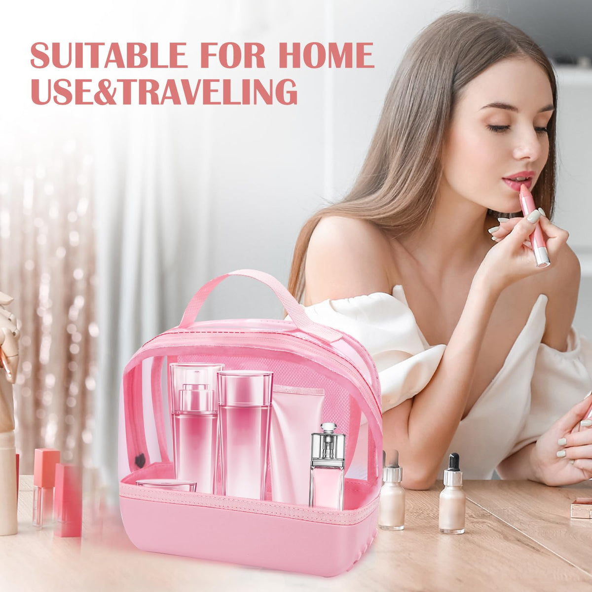 Chokoter Clear Small Makeup Bag, Makeup Pouch Toiletry Bags for Traveling Women, Cosmetic Bag with Waterproof Anti-slip EVA Bottom (Pink)
