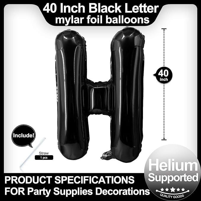 40 Inch Black Letter H Balloons, DIY Phrase Foil Alphabet Letter H Balloons DIY Word H Banner for Birthday Anniversary Celebration Graduation Party Supplies Decoration
