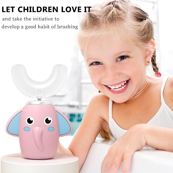 SNOWROSE Kids Electric Toothbrush U-Shaped Ultrasonic IPX7 Waterproof Design with 2 Brush Head 3 Modes, 360° Full Mouth Cleaning Automatic Children Toothbrush for 2-12 Years Old (Pink, 2-12 Age)