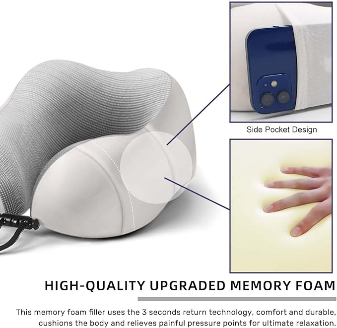Neck Pillow for Traveling,Premium Memory Foam Travel Neck Pillow for Airplane,Soft Smooth & Breathable Cover,Adjustable Headrest Sleep Flight Pillow for Plane,Car,Office and Home,Light Grey