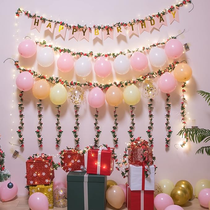MARTINE MALL Rose Vines with 99 Ft/300 LED String Lights, Floral Garland for Bedroom, Wedding Decor