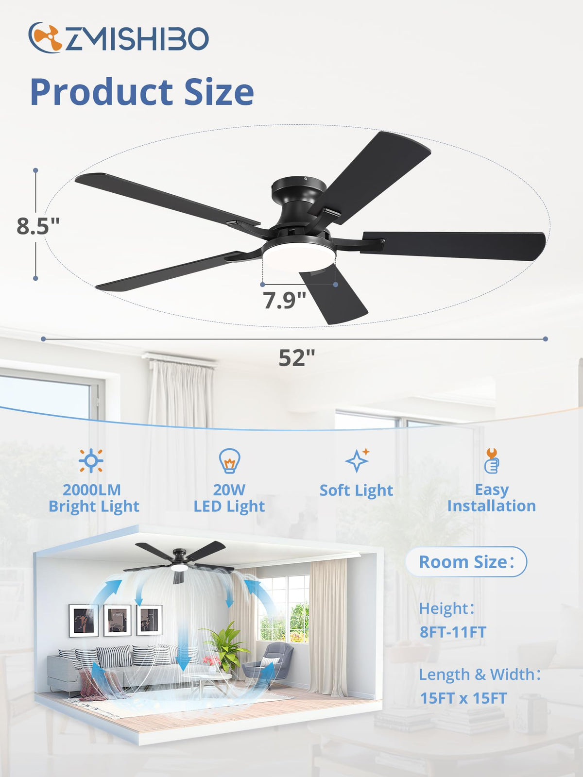 ZMISHIBO 52 Inch Ceiling Fan with Light, App&Remote Control, Flush Mount Low Profile, Dimmable 20W LED Light, Quiet Reversible Motor for Bedroom, Living Room, Apartment, Black