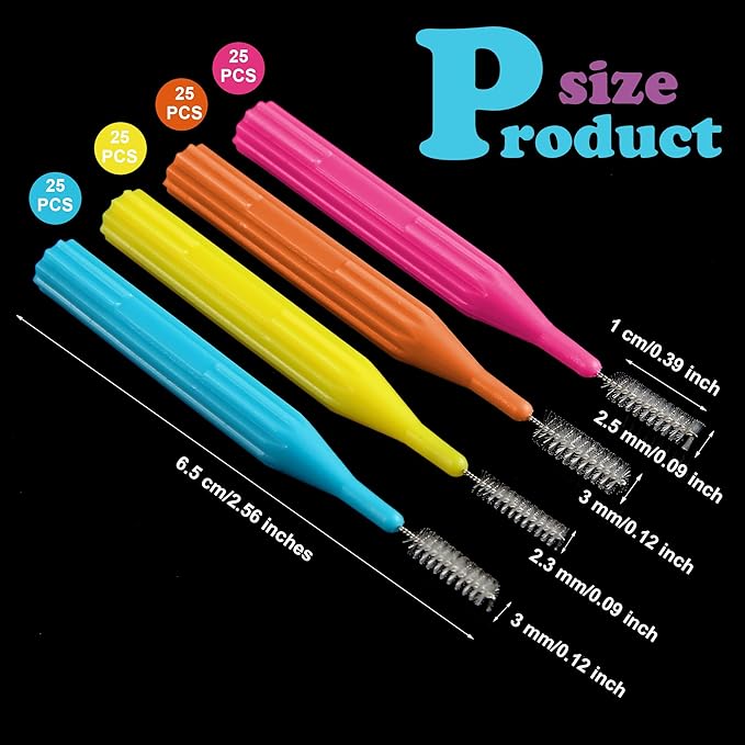 Patelai 100 Pieces Braces Brush for Cleaner Interdental Brush Toothpick Dental Flossing Head Oral Hygiene Flosser Tooth Cleaning Tool(Light Blue,Pink,Yellow,Orange)