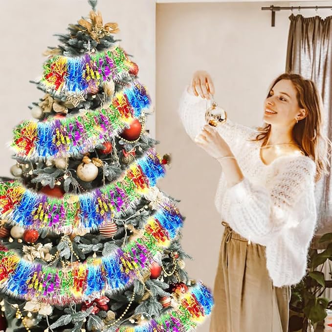 33Ft Long Tinsel Twist Garland Shiny Thick Metallic Foil Xmas Tree Decorations for Birthday Party Halloween Parade Floats Christmas New Year Parties and Other Holidays Hanging Decor Supplies-Colours