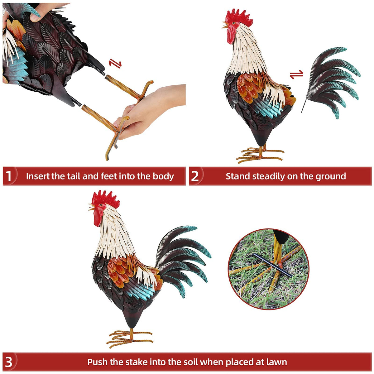 chisheen Metal Rooster Decor,Yard Chicken Decorations,Outdoor Garden Statues, Metal Chicken Sculpture for Backyard Patio Kitchen Decor & Lawn Ornaments