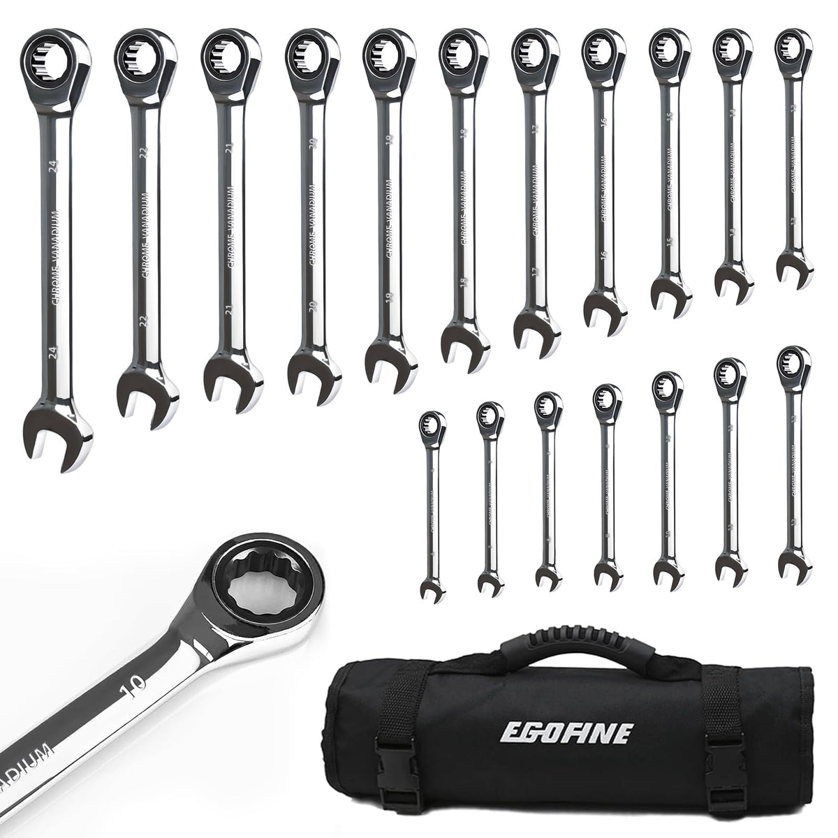 Egofine Ratcheting Wrench Set, 6 mm - 24 mm Metric Wrench Set 18pc, 72 Teeth Combination Wrenches Set, Chrome Vanadium Steel with a Roll Up Storage Bag