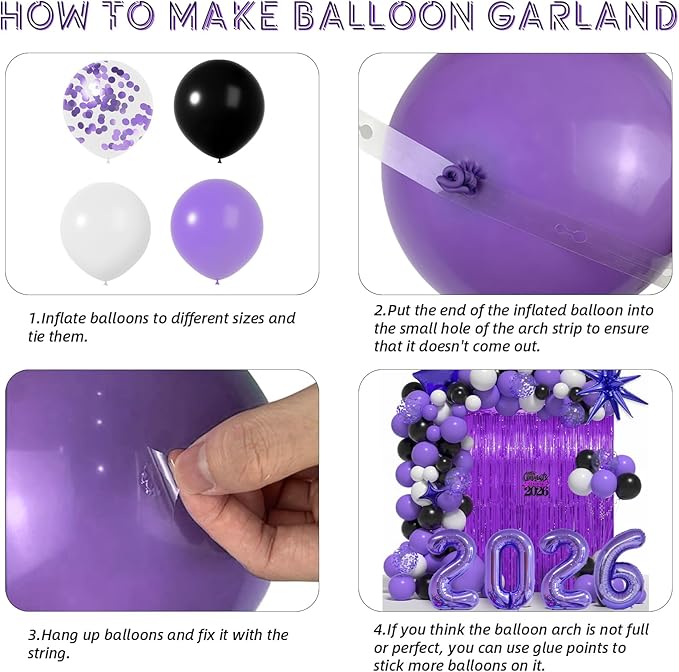 Graduation Balloon Arch Kit 2026 Graduation Decorations, Different Sizes 5 12 18 Inch Purple Black White Grad Balloons Arch with Class of 2026 Cake Toppers, Fringe Curtain, Star & 2026 Balloons