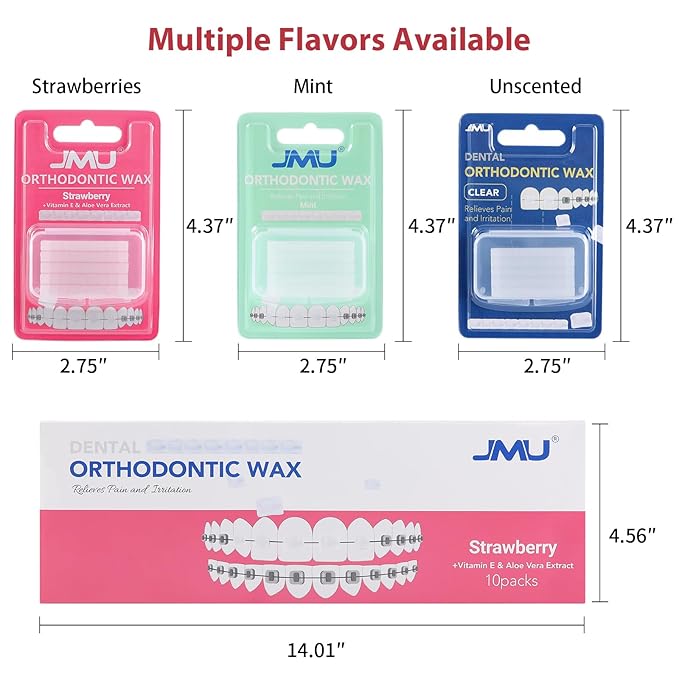 JMU 10 Pack Orthodontic Wax for Braces, 500 Precut Wax Dots, Strawberry Flavored for Fresh Breath, Safe for Sensitive Teeth & Braces Care