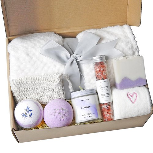 Natural Amor Lavender Blanket Spa Gift for Women 8pcs, Birthday Gift for Women, Self Care Gift for Birthday, Christmas