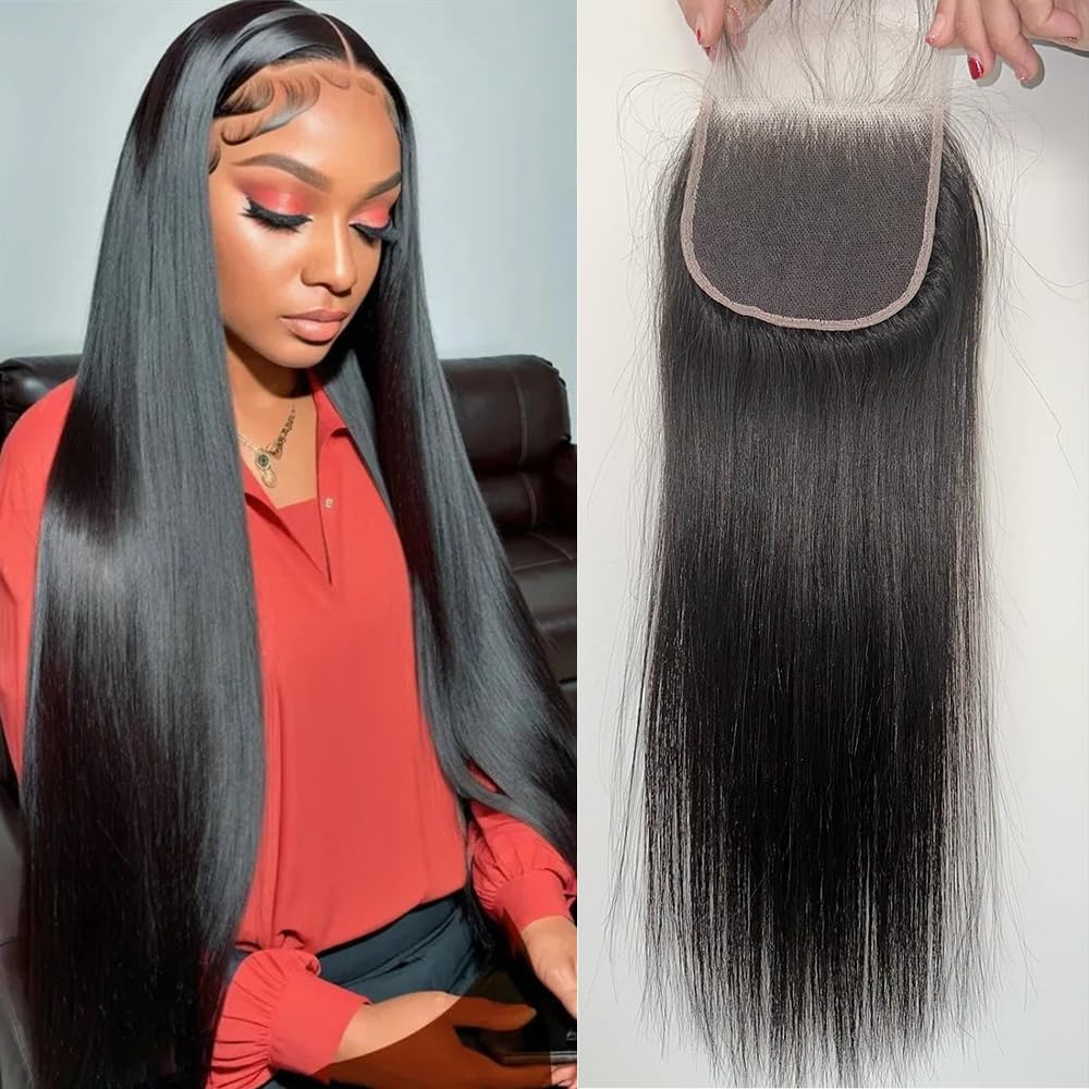 4X4 Straight HD Lace Closure Human Hair Extensions 12A Brazilian Virgin Remy 100% Unprocessed Human Hair Frontal Free Part Closure Only Pre Plucked With Baby Hair Natural Black 14 Inch