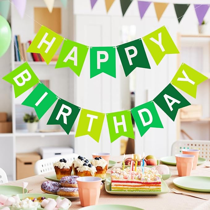 Happy Birthday Banner, Green Colors Birthday Party Banner Assembled Garland Bunting Flags Women Men Girl Boy Party Hanging Decorations Indoor/Outdoor Supplies