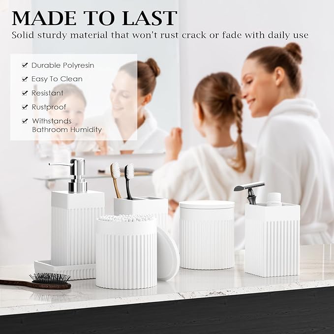 6-Piece White Bathroom Set - Modern Resin Bathroom Accessories Set with Soap Dispenser, Toothbrush Holder, Vanity Tray, Tumbler & Apothecary Jars for Small Spaces